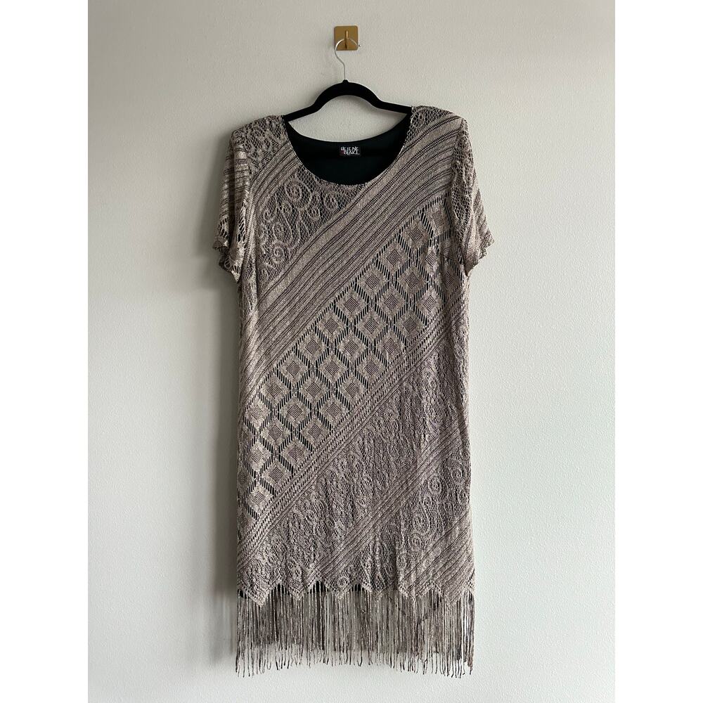 Vintage 80s Fringe Knit Dress Art Deco Geometric Shoulder Pads Size XL